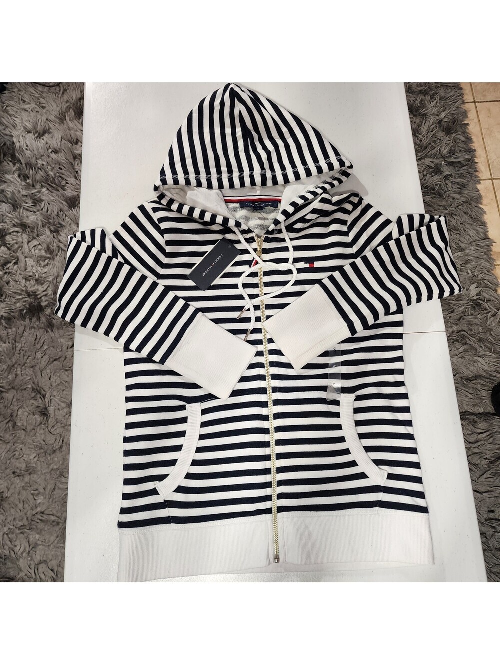 Tommy Hilfiger Striped Full Zip Hoodie Sweatshirt White Navy S Cotton Knit